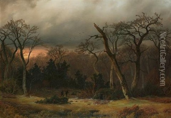 Hunters At Dusk Oil Painting - Johann Gustav Lange