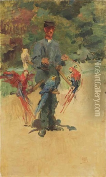 The Parrotman: The Guard Ponsen In The Zoo, The Hague Oil Painting - Isaac Israels