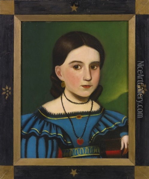 Portrait Of A Young Dark-haired Girl In A Blue Dress And Red Locket Oil Painting - John Sherburne Blunt