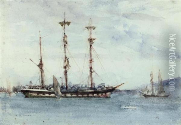 A Windjammer At Anchor In The Harbour At Falmouth Oil Painting - Henry Scott Tuke