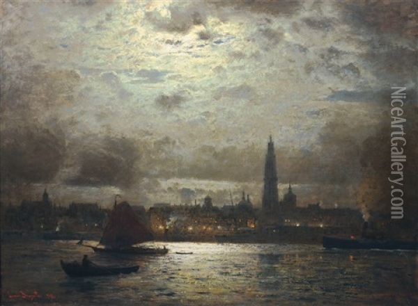 Antwerp In Moonlight Oil Painting - Louis Douzette
