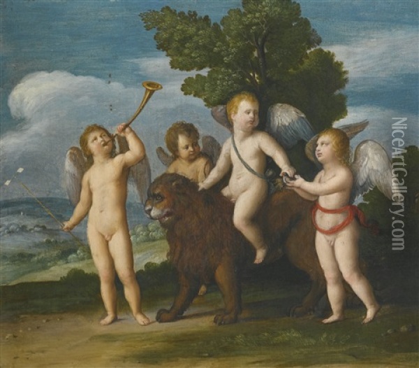 Four Putti With A Lion And Other Symbols Of The Resurrection Oil Painting - Johann (Hans) Konig
