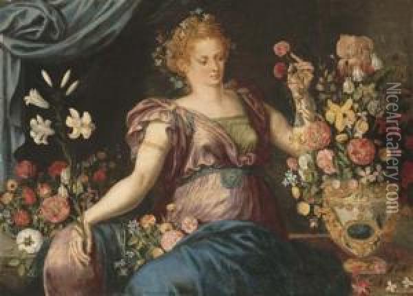 A Woman Seated With Ornamental Vases Of Flowers Oil Painting - Frans I Vriendt (Frans Floris)