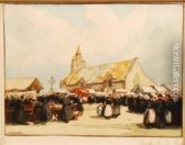 Study Of A French Market Square With Figures And Stalls To The Fore And Church Oil Painting - Henri Alphonse Barnoin