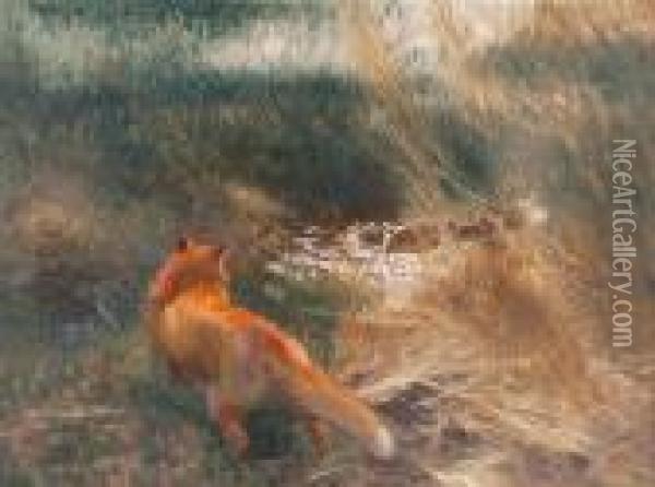Fox Stalking Mallards Oil Painting - Bruno Andreas Liljefors