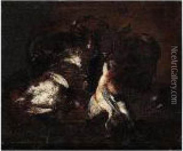 Still Life Of A Jay And A Partridge Beside A Wicker Basket, Upon A Stone Ledge Oil Painting - Felice Boselli Piacenza