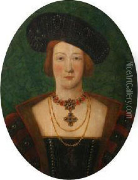 Portrait Of A Young Woman, Bust Length, In Ared And Black Dress With A Black Hat Oil Painting - Hans Holbein the Younger