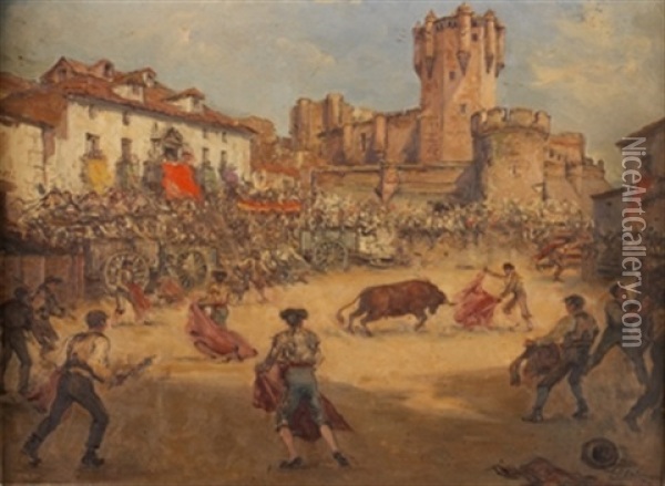 Toros En Un Pueblo De Castilla Oil Painting - Emilio Poy Dalmau