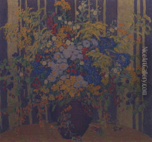 Field Flowers In A Purple Ceramic Vase Oil Painting - Kathryn E. Bard Cherry