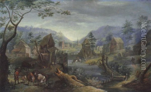 Gebirgige Flusslandschaft Mit Hirten Und Herde Oil Painting - Mattheus Molanus