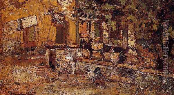 Farmyard with Donkeys and Roosters Oil Painting - Adolphe Joseph Thomas Monticelli