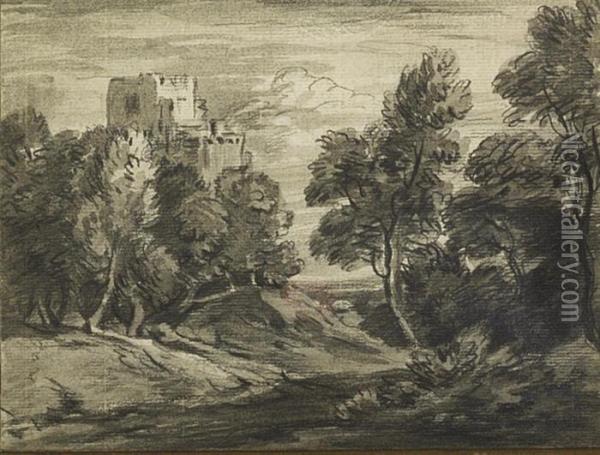 Wooded Landscape With Castle Oil Painting - Thomas Gainsborough