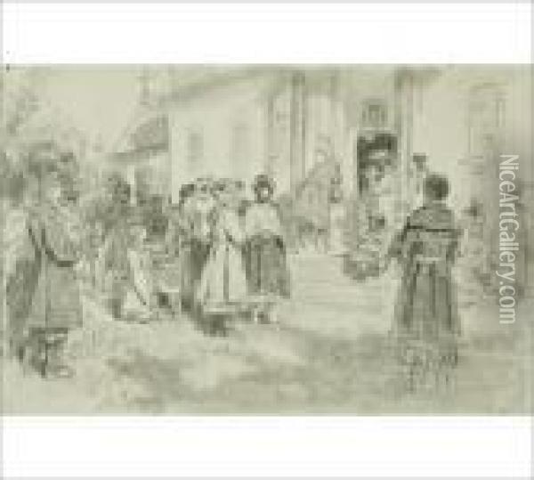 Gathering At The Church Oil Painting - Ilya Efimovich Efimovich Repin