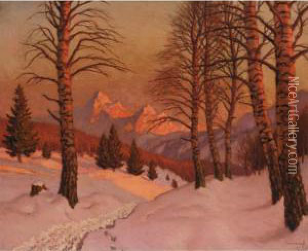 Sunset Over A Winter Landscape Oil Painting - Mikhail Markianovich Germanshev