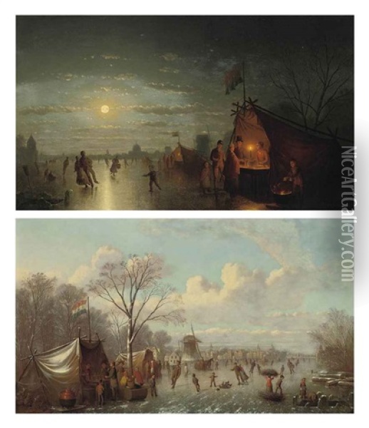 Selling Refreshments On The Ice (+ Skaters Before A Riverside Town; Pair) Oil Painting - Johann Mongels Culverhouse
