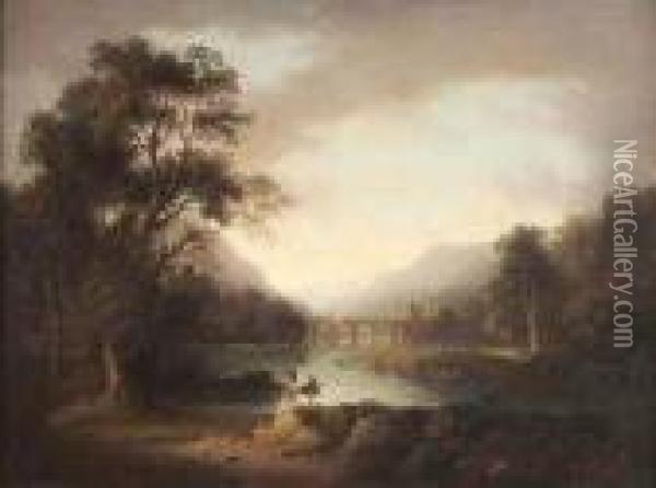 Figure On A Highland Loch, Viaduct In The Distance Oil Painting - Alexander Nasmyth
