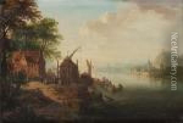 A Rhenish River Landscape With Boats Moored At A Jetty Oil Painting - Christian Georg Schuttz II