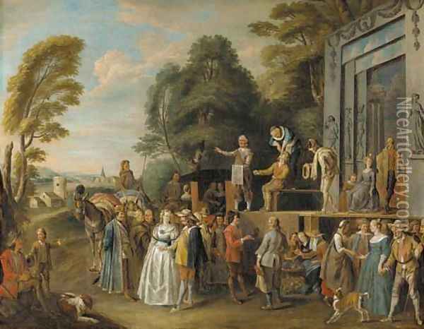 The Charlatans an outdoor theater with a quack doctor and an audience of gentry, monks and townsfolk Oil Painting - Pieter Angellis