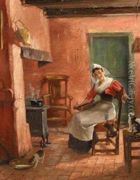 Servant Girl Playing With The Kittens Oil Painting - Edmund Blume