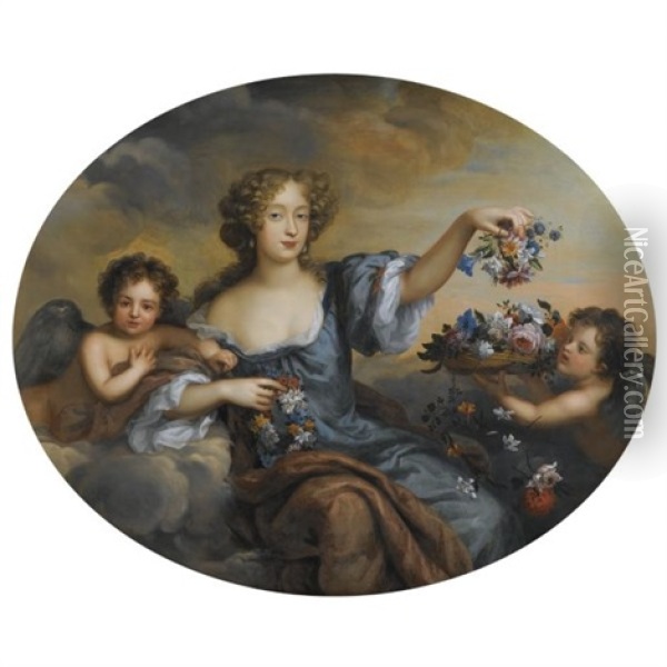 Portrait Of Frances Jennings, Lady Hamilton And Later Duchess Of Tyrconnel (c.1649-1731) As Flora, Attended By Putti Oil Painting - Henri Gascars
