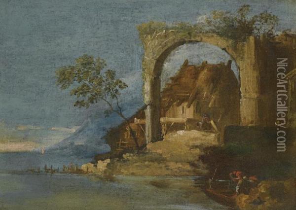 A Capriccio Fluvial Landscape With Figures In A Boat In The Foreground Oil Painting - Giuseppe Bernardino Bison