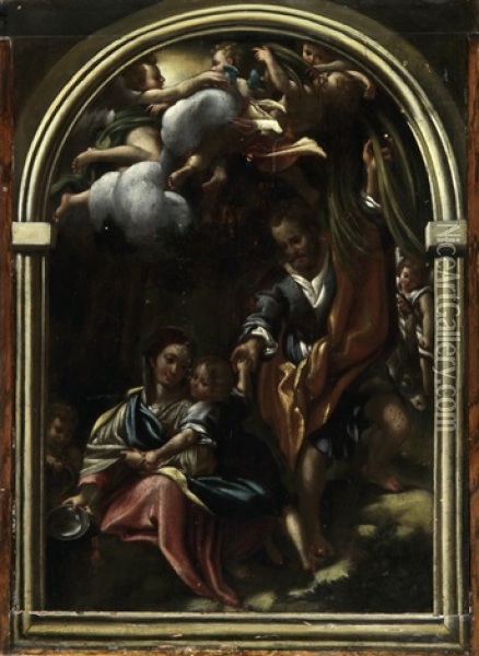 Die Hl. Familie Mit Engeln In Einer Architekturumrahmung Oil Painting -  Correggio