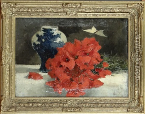 Vase En Faience De Delft Et Fleurs Rouges Oil Painting - Theodore Hannon