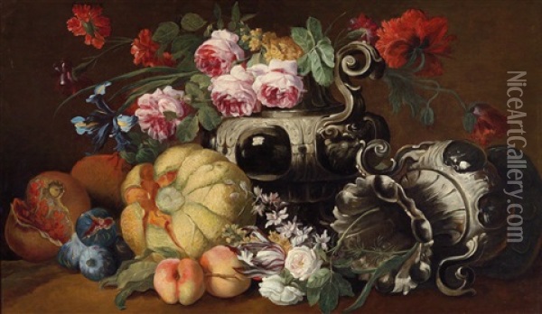 Ein Blumen- Und Obststillleben Mit Zwei Barocken Prunkvasen Oil Painting - Abraham Brueghel