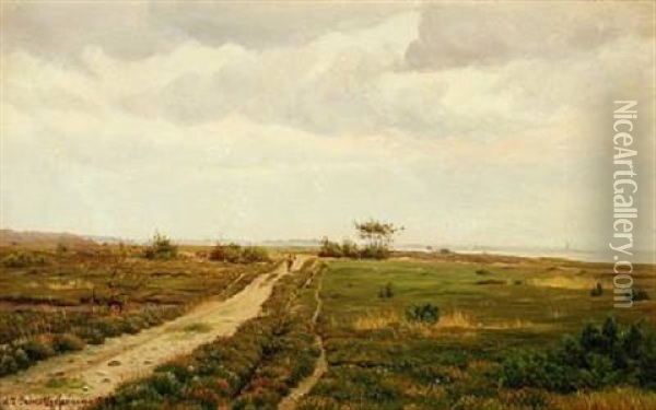 Landscape From Ulvshale With A Man On A Path Oil Painting - Niels Frederik Schiottz-Jensen