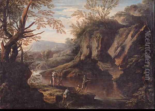 A Gorge with Peasants fishing and Bandits Oil Painting - Bartolomeo Torreggiani