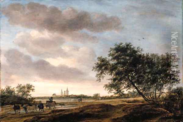 An extensive landscape with a drover and cattle on a path, Egmond Abbey beyond Oil Painting - Salomon van Ruysdael