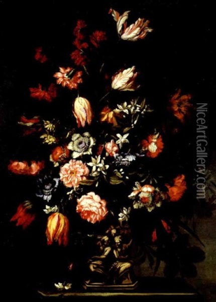 Floral Still Life With Tulips, Carnations, Daffodils, Peonies And Other Flowers In A Figural Vase Oil Painting - Mario Nuzzi