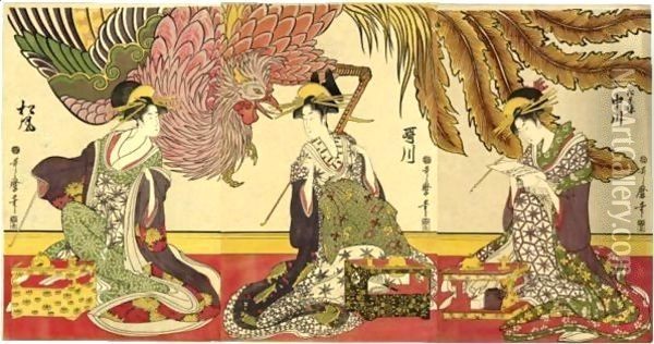 'Matsubaro Sanbijin Harimise' (Three Beauties On Display In The House Of Matsuba) Oil Painting - Kitagawa Utamaro