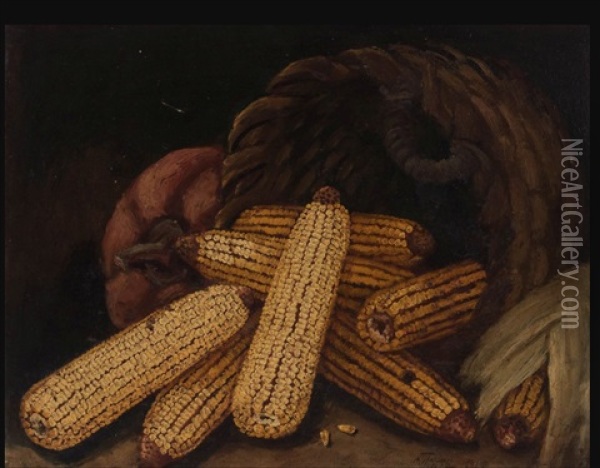 Still Life Of Pumpkin And Corn Oil Painting - Alfred Montgomery