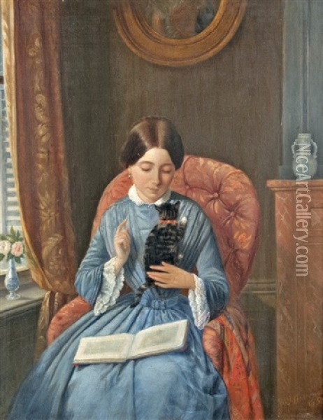 Young Woman With Cat Oil Painting - Willem Pieter Hoevenaar