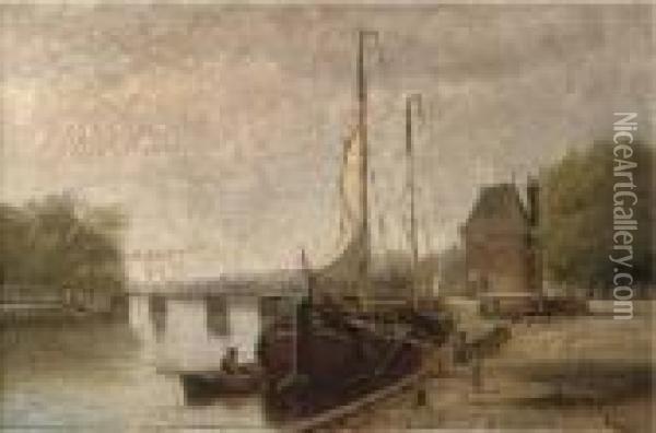 A Dutch Canal With Barges, Near Haarlem Oil Painting - Hendrik Hulk