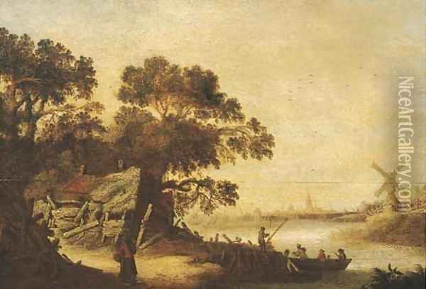 A wooded river landscape with figures at a landing stage by a farmhouse, a village beyond Oil Painting - Cornelis Tegelberg