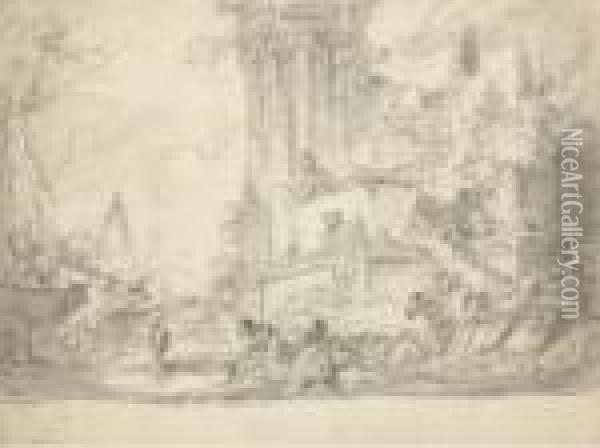 Les Ruines D'un Temple Romain Avec Des Bergers, Une Pyramide Dansle Fond Oil Painting - Jean-Baptiste Le Prince