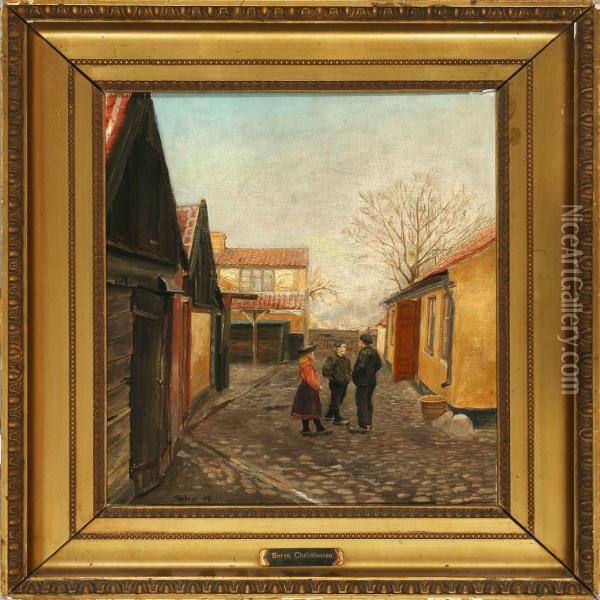 Street Scene With Three Children Oil Painting - Soren Christiansen