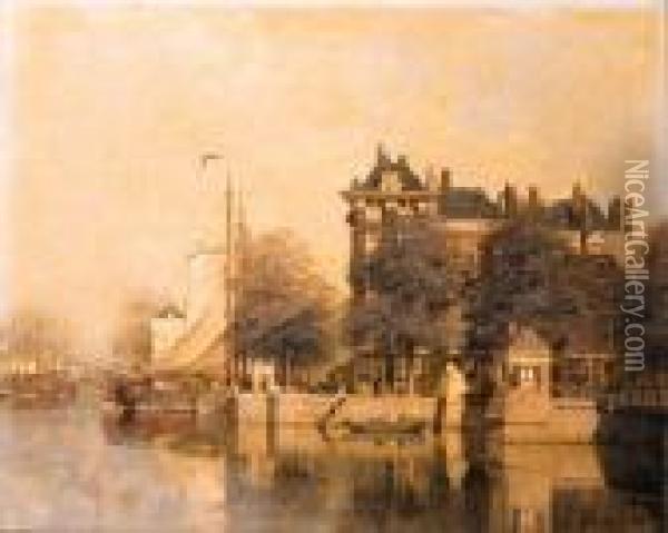 Moored Sailing Vessels Along A Quay, Amsterdam Oil Painting - Johannes Christiaan Karel Klinkenberg