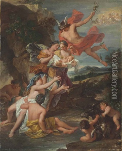 Mercury Entrusting The Infant Bacchus To The Nymphs Of Nysa Oil Painting - Nicolas Bertin