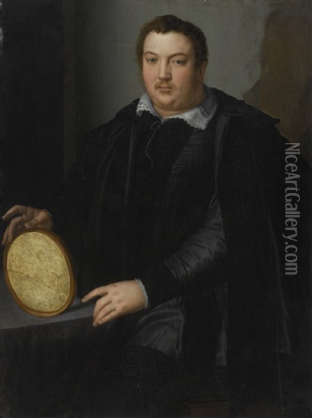Portrait Of A Gentleman, Three-quarter Length, Dressed In A Black Silk Doublet And Cloak With A Blackwork Collar And Seated At A Desk, Holding An Oval Frame Oil Painting - Alessandro di Cristofano Allori