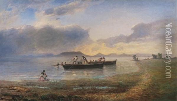 Fishermen By The Lake Balaton Oil Painting - Karoly Telepy
