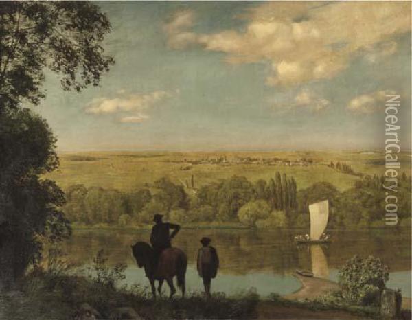 Mainlandschaft: Rhenish Landscape With A Horseman Oil Painting - Hans Thoma