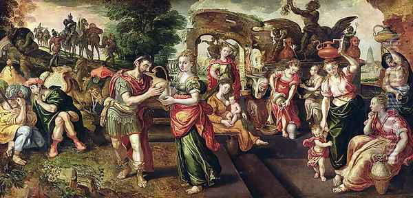 Eliezer and Rebecca at the Well, 1562 Oil Painting - Maarten de Vos
