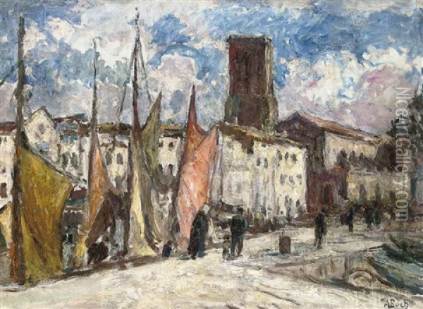 Figures On A Quay Before A Church Oil Painting - Anna Boch