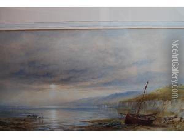 Beached Fishing Boats And Figures On The
North Cumberland Coast Oil Painting - Cornelius Pearson