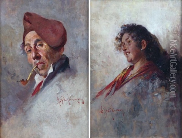 Le Fumeur (+ La Femme Au Chale Rouge; 2 Works) Oil Painting - Arturo Stagliano