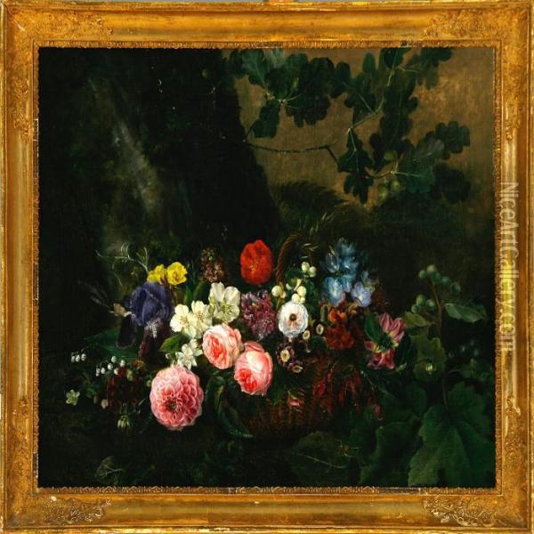 Forest Floor With Flowers In A Basket Oil Painting - I.L. Jensen