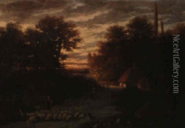 Hirten Mit Ihrer Schafherde Bei Sonnenuntergang Oil Painting - Jules Charles Rozier